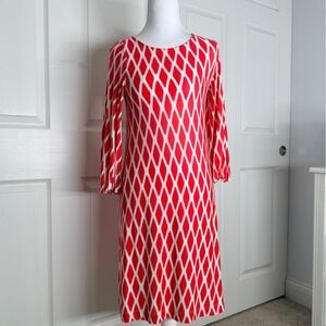 Hourglass Lilly Sheath Dress Womens Medium Coral White Ikat Diamond Long Sleeve
